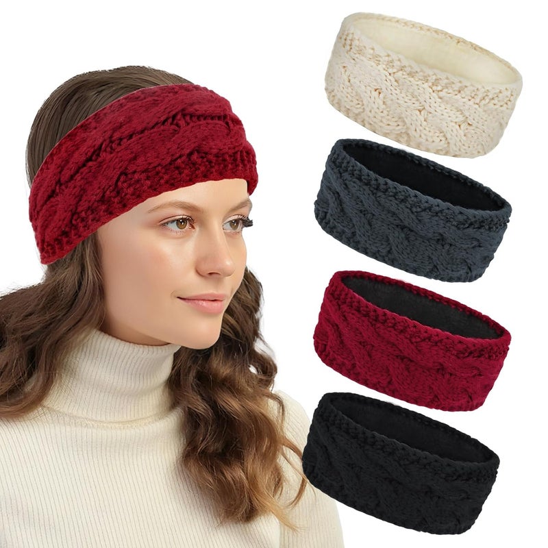 Cavetee Winter Headbands for Women, 4 Pieces Ear Muffs Crochet Soft Lined Elastic Ear Warmers for Women Christmas Gift - Image 1